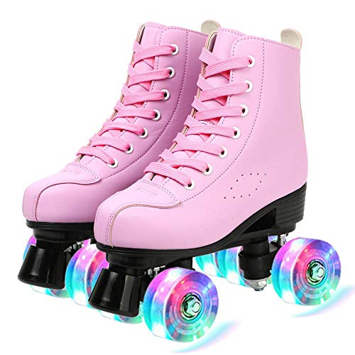 XUDREZ Roller Skates for Women Men Cozy PU Leather High-top Roller Skates for Beginner Double-Row PU Wheels, Professional Indoor Outdoor Roller Skates with Shoes Bag (Pink Flash,38) - Image 3