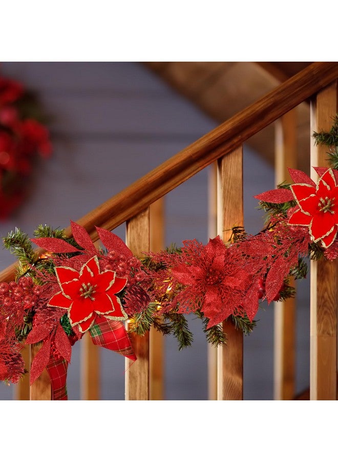 Winlyn Winlyn 35 Pcs Christmas Artificial Poinsettia Flowers Picks and Artificial Leaves Sprays Red Glitter Christmas Picks for Red Christmas Tree Holiday Floral Arrangement Centerpiece Wreath Garland Décor  - Image 4