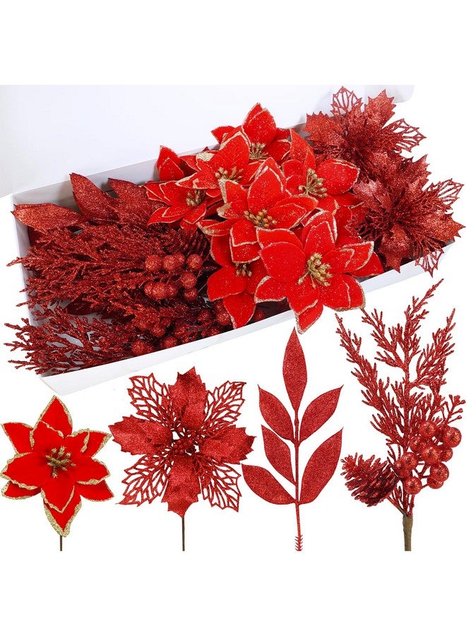 Winlyn Winlyn 35 Pcs Christmas Artificial Poinsettia Flowers Picks and Artificial Leaves Sprays Red Glitter Christmas Picks for Red Christmas Tree Holiday Floral Arrangement Centerpiece Wreath Garland Décor  - Image 1