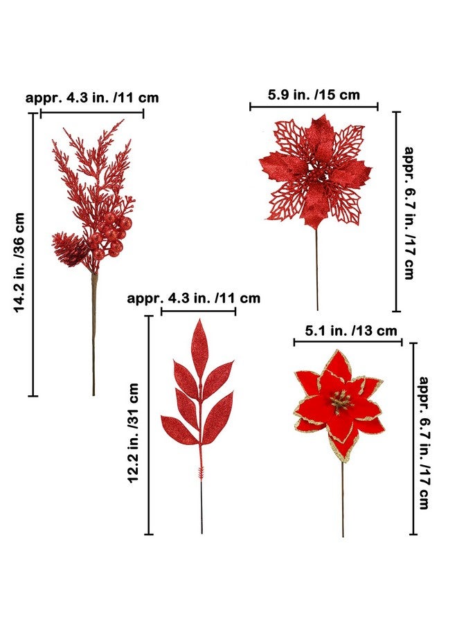 Winlyn Winlyn 35 Pcs Christmas Artificial Poinsettia Flowers Picks and Artificial Leaves Sprays Red Glitter Christmas Picks for Red Christmas Tree Holiday Floral Arrangement Centerpiece Wreath Garland Décor  - Image 2