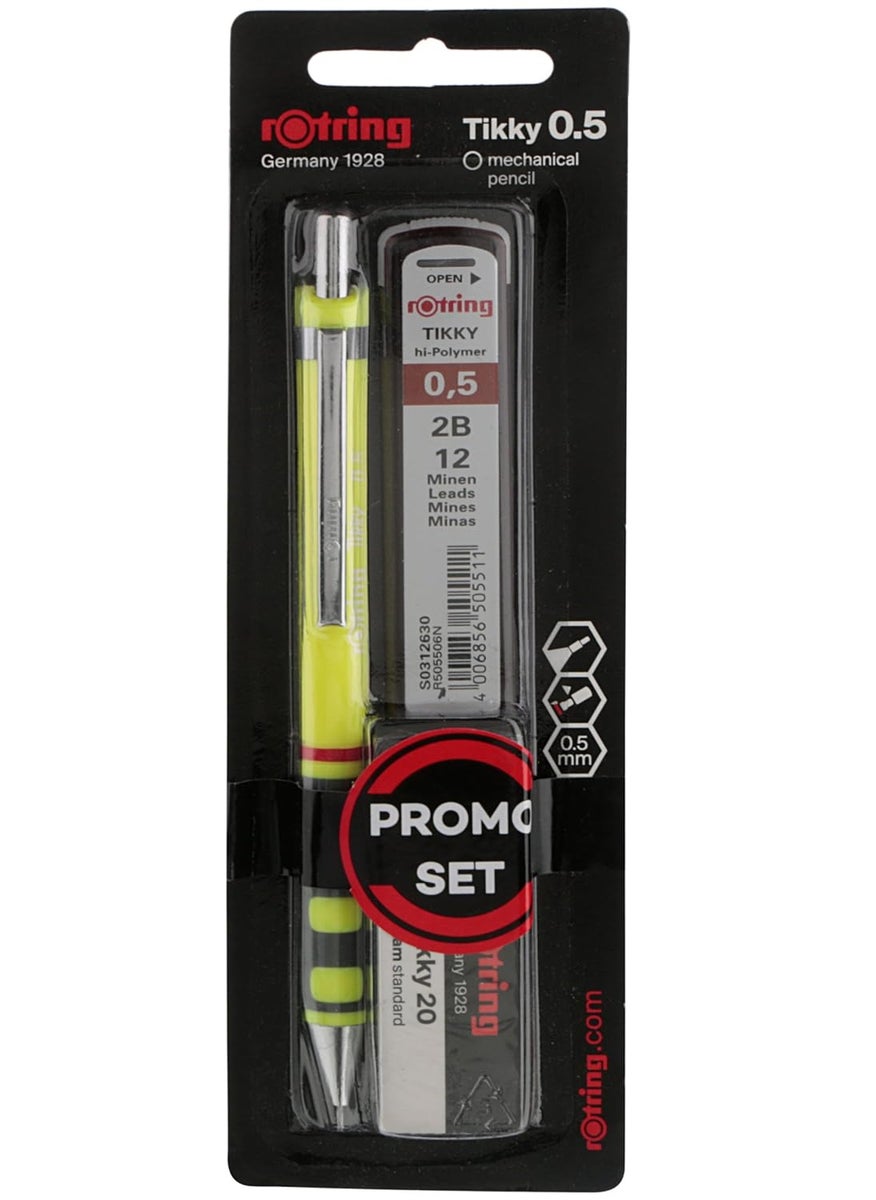 Rotring - Rotring 05mm Mechanical Lead Pen Pencil 12 Replacement Leads Eraser Set Yellow Plastic Body Triangular Barrel Tikky Series Click Mechanism Rubberized Grip Promo Pencil Set - Image 1