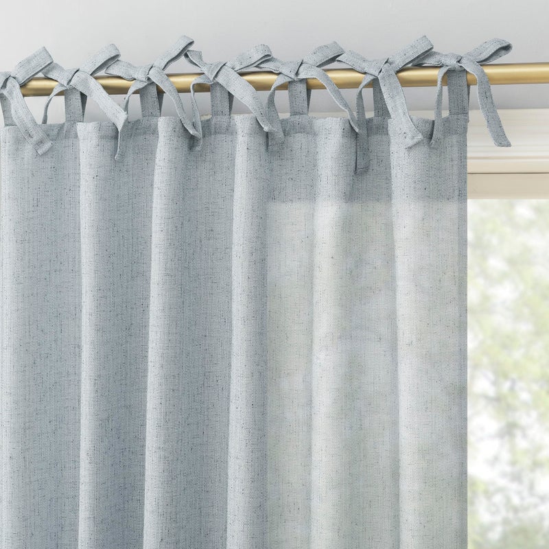 Sun Zero Roxy Generation Slub Texture Tacked Bow Semi-Sheer Tie Top Curtain Panel, 50" x 84", Faded Blue - Image 1
