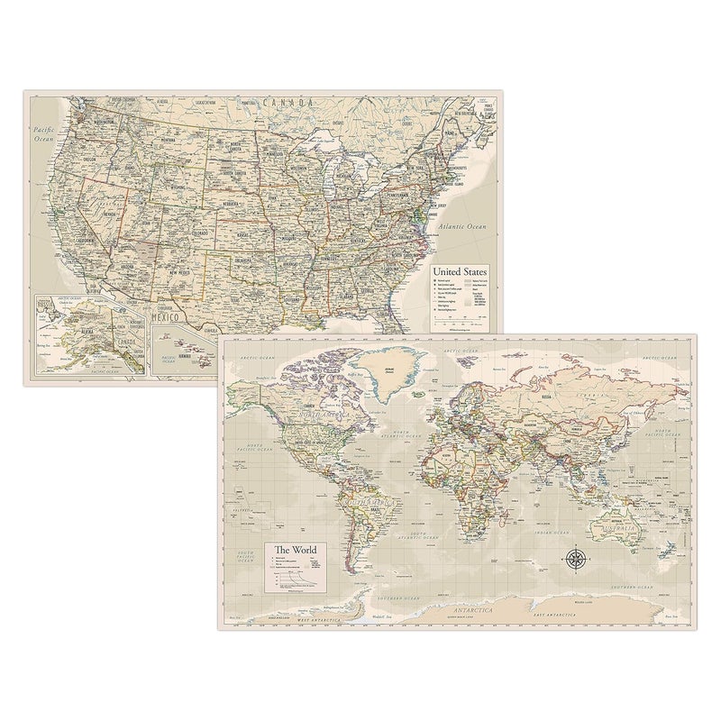 Antique Laminated World Map & US Map Poster Set - 18" x 29" - Wall Chart Maps of The World & United States - Made in The USA - Updated for 2020 (Laminated, 18" x 29") - Image 1