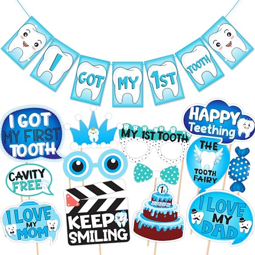 WOBBOX First Tooth Photo Booth Party Props (13 Pcs) with I Got My 1st Tooth Bunting Banner, Blue Colour Stylish Font, First Tooth Decoration, First Tooth Decoration Items for Baby, Design 1 - Image 1