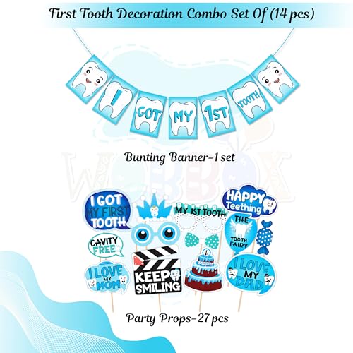 WOBBOX First Tooth Photo Booth Party Props (13 Pcs) with I Got My 1st Tooth Bunting Banner, Blue Colour Stylish Font, First Tooth Decoration, First Tooth Decoration Items for Baby, Design 1 - Image 2