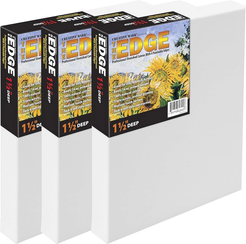 Creative Mark The Edge Deluxe Cotton 1-1/2" Deep Stretched Canvas for Painting, 5x5 Pack of 3, 14oz. Primed Weight, Universal Archival Priming, Medium Tooth, Hand-Stretched Canvas for Painters - Image 1