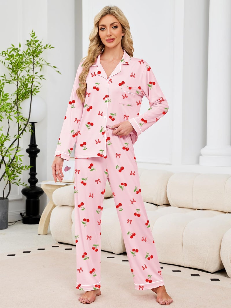 Umeyda Girls Pajamas Set, 2Pj Button-Down Sleepwear Long Sleeve for Kid 2 PJS, Bow Cherry Pink, 7-8 Years = Tag 140 - Image 4