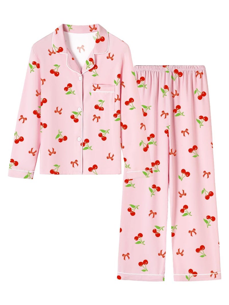 Umeyda Girls Pajamas Set, 2Pj Button-Down Sleepwear Long Sleeve for Kid 2 PJS, Bow Cherry Pink, 7-8 Years = Tag 140 - Image 1