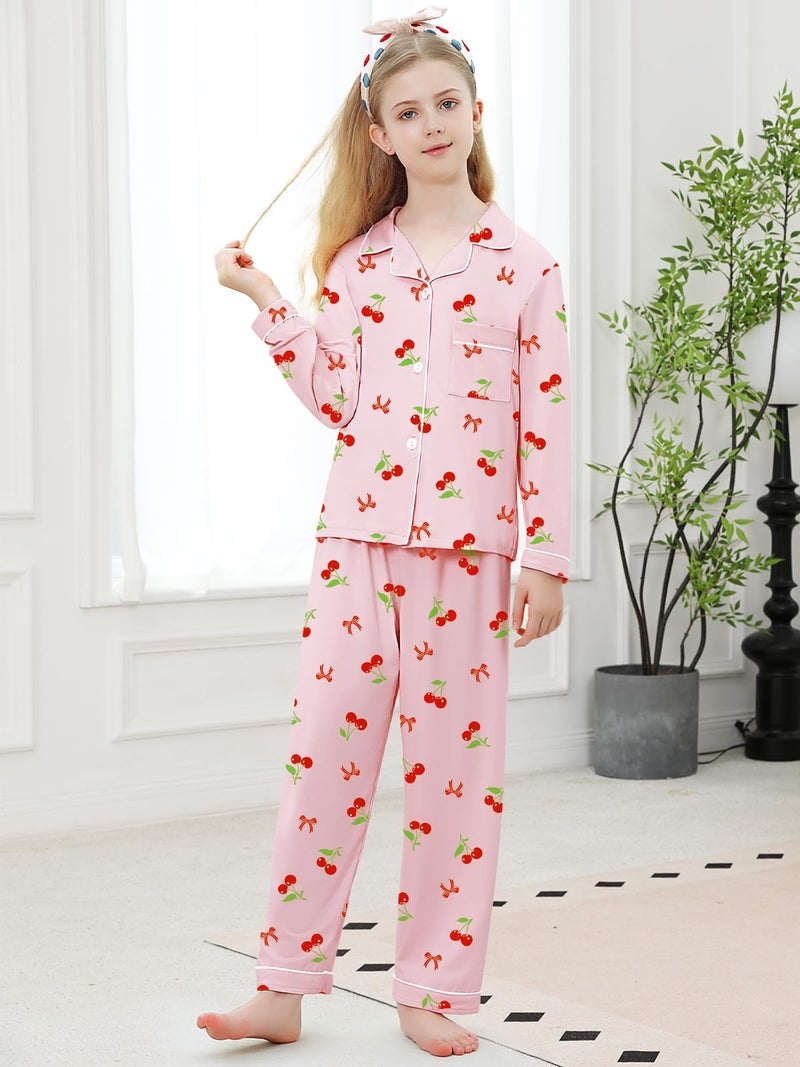 Umeyda Girls Pajamas Set, 2Pj Button-Down Sleepwear Long Sleeve for Kid 2 PJS, Bow Cherry Pink, 7-8 Years = Tag 140 - Image 2