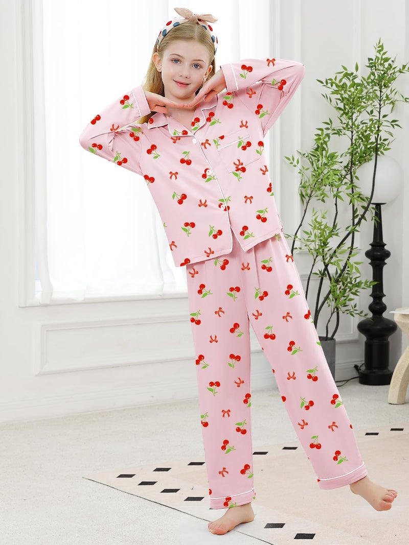 Umeyda Girls Pajamas Set, 2Pj Button-Down Sleepwear Long Sleeve for Kid 2 PJS, Bow Cherry Pink, 7-8 Years = Tag 140 - Image 3