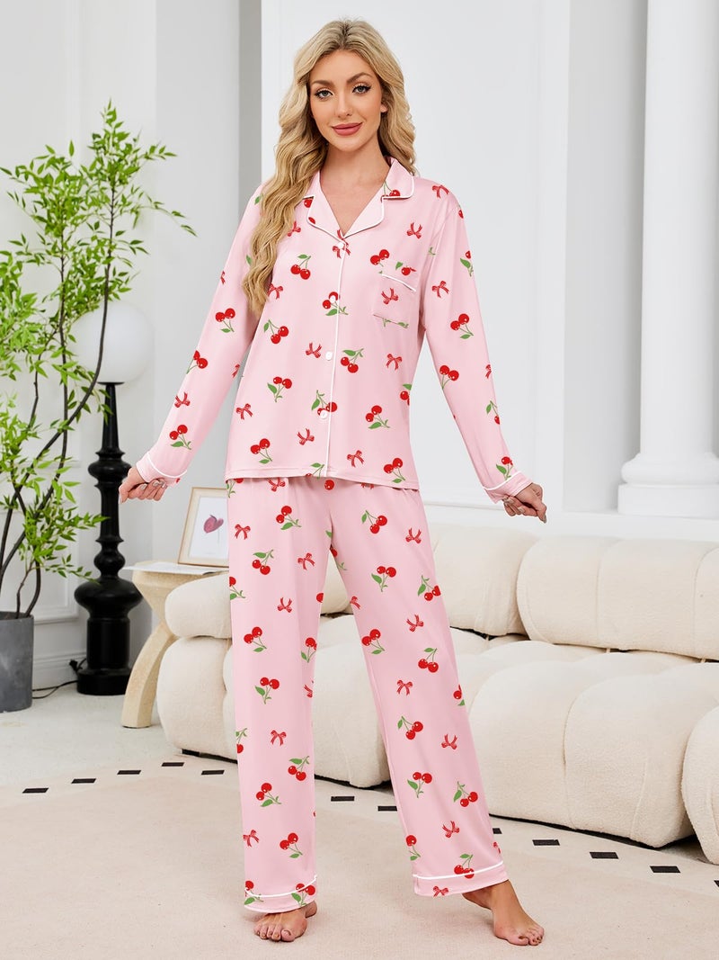 Umeyda Girls Pajamas Set, 2Pj Button-Down Sleepwear Long Sleeve for Kid 2 PJS, Bow Cherry Pink, 7-8 Years = Tag 140 - Image 5