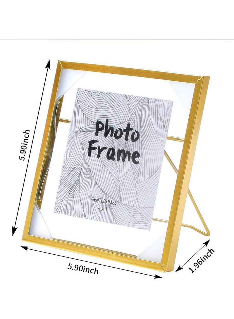 اطارات صور معدنية زجاجية بتصميم عائم   بتصميم هندسي للوضع اعلى الطاولة للاعمال الفنية / العائلة / الرسم / الشهادة / عرض صور الاصدقاء (ذهبي، 4x4 بوصة) - Image 1