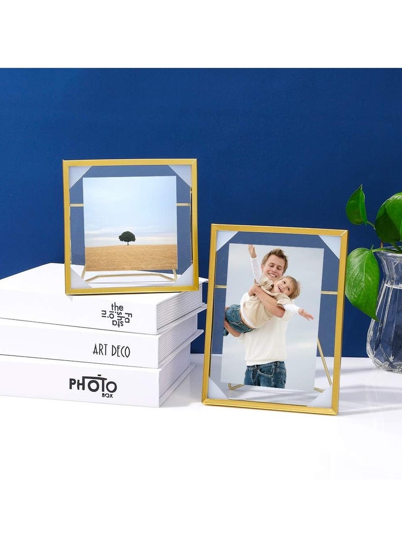 اطارات صور معدنية زجاجية بتصميم عائم   بتصميم هندسي للوضع اعلى الطاولة للاعمال الفنية / العائلة / الرسم / الشهادة / عرض صور الاصدقاء (ذهبي، 4x4 بوصة) - Image 2