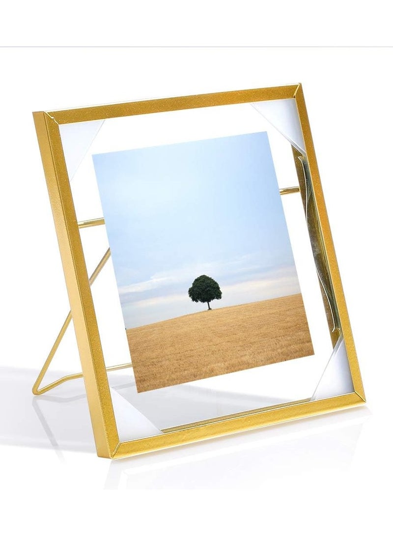 اطارات صور معدنية زجاجية بتصميم عائم   بتصميم هندسي للوضع اعلى الطاولة للاعمال الفنية / العائلة / الرسم / الشهادة / عرض صور الاصدقاء (ذهبي، 4x4 بوصة) - Image 4