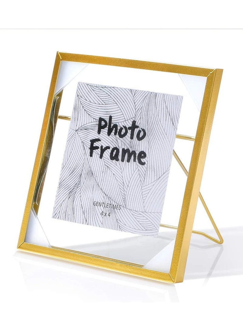 اطارات صور معدنية زجاجية بتصميم عائم   بتصميم هندسي للوضع اعلى الطاولة للاعمال الفنية / العائلة / الرسم / الشهادة / عرض صور الاصدقاء (ذهبي، 4x4 بوصة) - Image 3