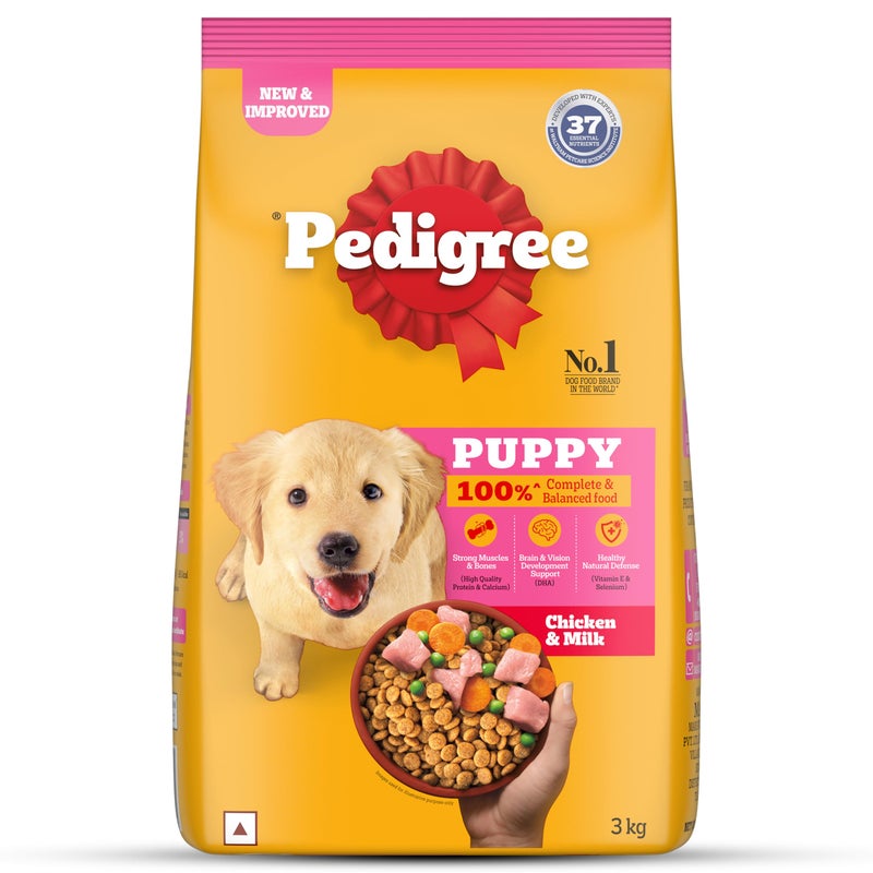 Pedigree طعام جاف للكلاب الجراء من بيديجري، دجاج وحليب، 3 كجم، يحتوي على 37 عنصر غذائي أساسي، طعام متكامل ومتوازن 100% للجراء - Image 1
