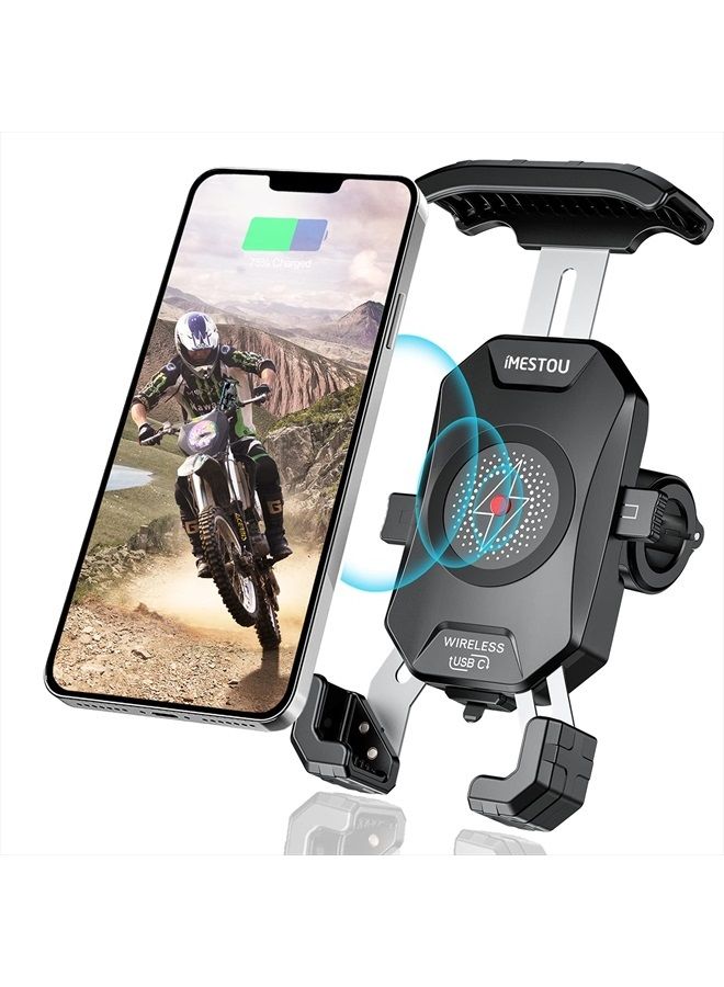 iMESTOU Motorcycle Wireless Phone Charger Mount-iMESTOU Motorcycle USB C 3.0 Phone Holder Qi 15W by Wiring/Plugging to USB A Socket Aluminium Handlebar Base Waterproof for 4-7" Cellphones - Image 1