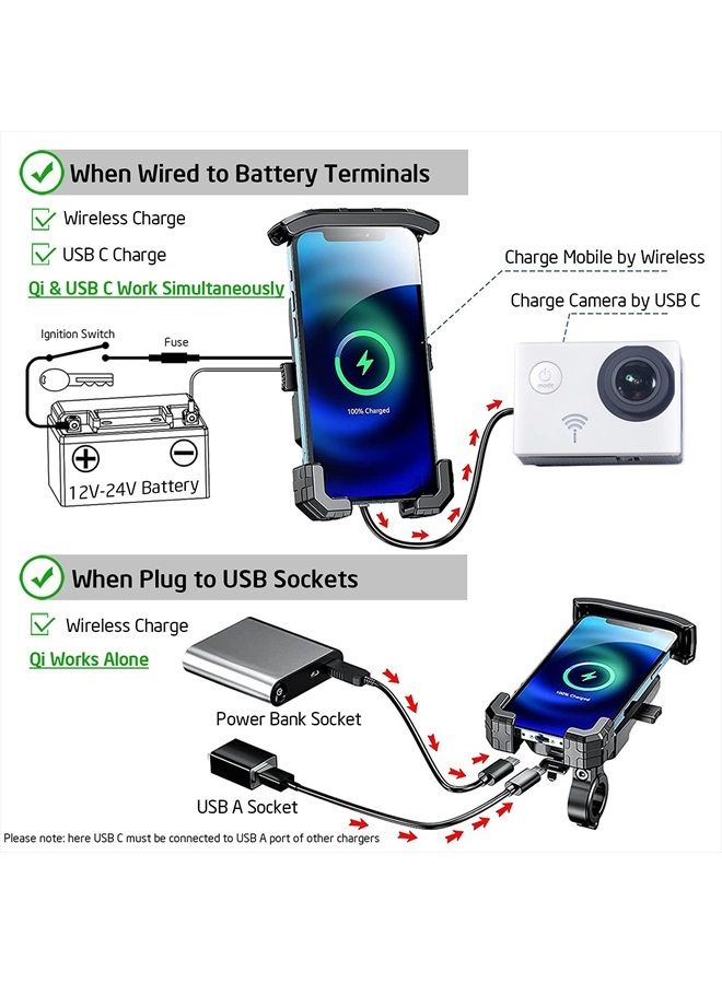iMESTOU Motorcycle Wireless Phone Charger Mount-iMESTOU Motorcycle USB C 3.0 Phone Holder Qi 15W by Wiring/Plugging to USB A Socket Aluminium Handlebar Base Waterproof for 4-7" Cellphones - Image 2