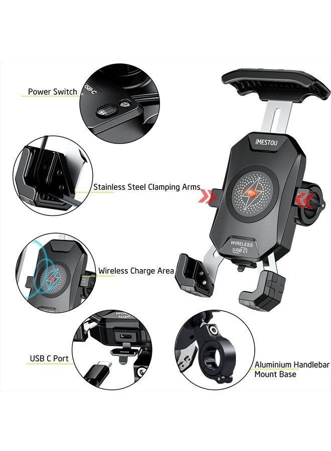 iMESTOU Motorcycle Wireless Phone Charger Mount-iMESTOU Motorcycle USB C 3.0 Phone Holder Qi 15W by Wiring/Plugging to USB A Socket Aluminium Handlebar Base Waterproof for 4-7" Cellphones - Image 3