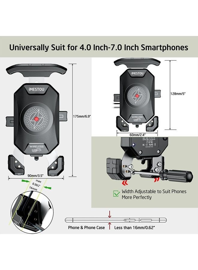 iMESTOU Motorcycle Wireless Phone Charger Mount-iMESTOU Motorcycle USB C 3.0 Phone Holder Qi 15W by Wiring/Plugging to USB A Socket Aluminium Handlebar Base Waterproof for 4-7" Cellphones - Image 5