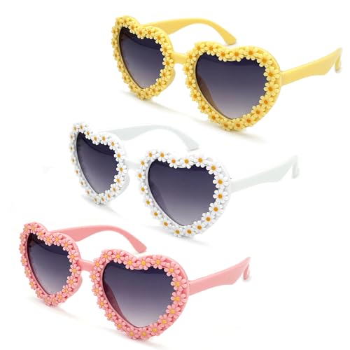 XINB LOOK KidsSunglasses Heart Shaped valentines day Stylish Cute Flower for Toddler Girls Age 3-10 Outdoor Beach Eyewear UV400(3, Yellow/Pink/White) - Image 1