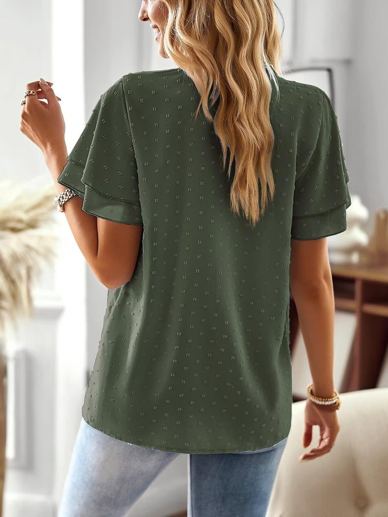 Falechay Womens Summer Tops Ruffle Sleeve V Neck Blouses for Women Dressy Casual Flowy Business Short Sleeve Shirts Green L - Image 3