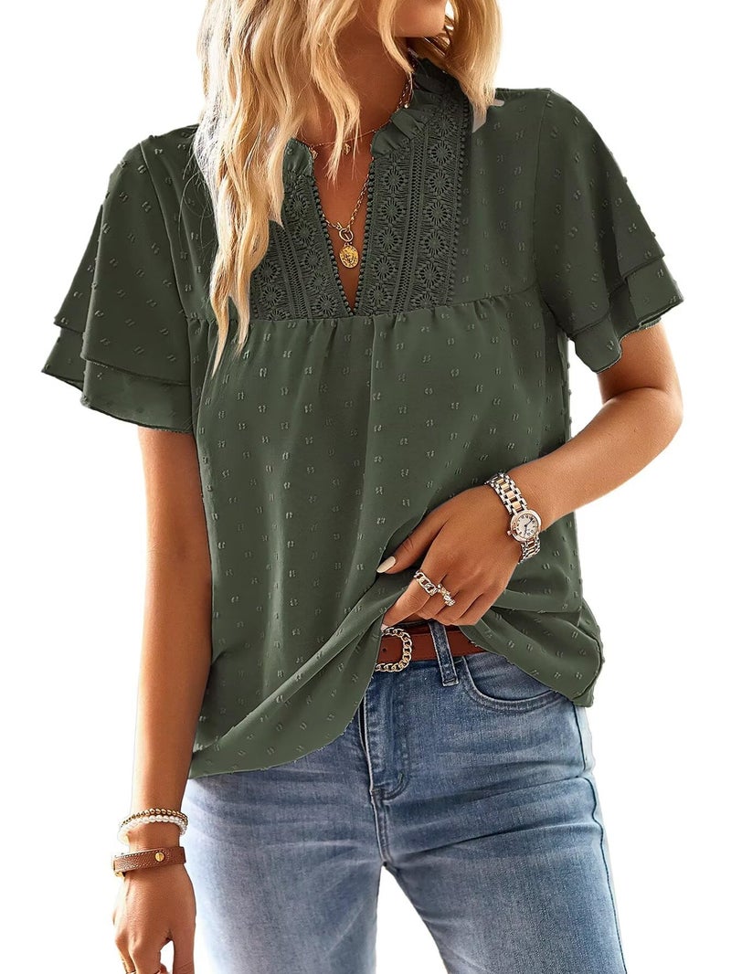 Falechay Womens Summer Tops Ruffle Sleeve V Neck Blouses for Women Dressy Casual Flowy Business Short Sleeve Shirts Green L - Image 1