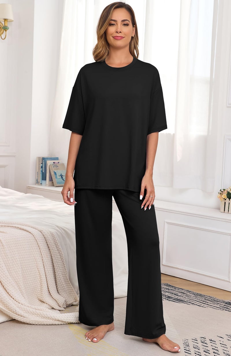 PrinStory Womens Pajamas Sets 2 Piece Lounge Set Short Sleeve Tops and Long Pants Soft Pjs Loungewear with Pockets Black-L - Image 2