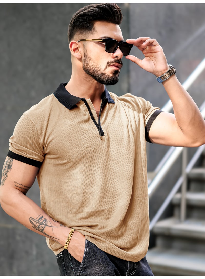 Maniac Mens Half Zip Polo Neck Solid Half Sleeve Beige and Black Cotton Slim Fit T-Shirt - Image 5