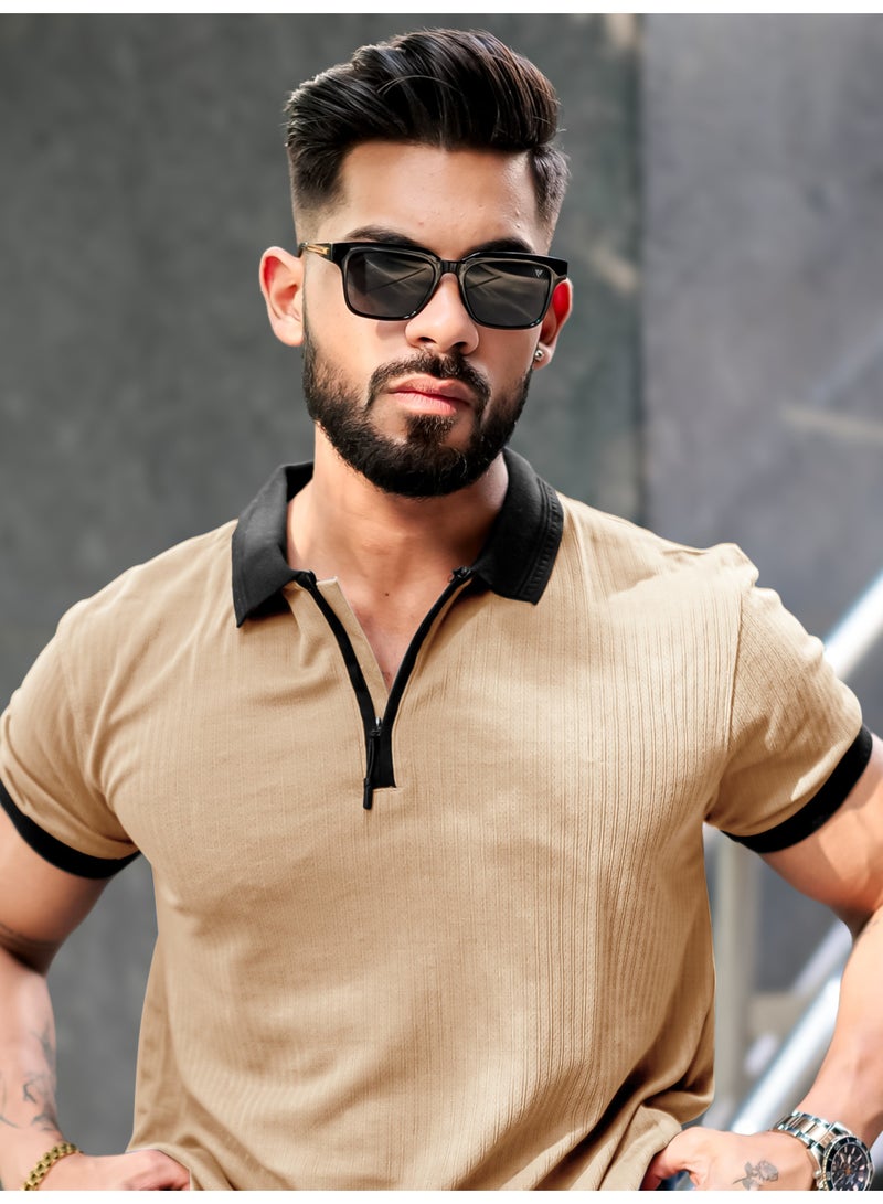 Maniac Mens Half Zip Polo Neck Solid Half Sleeve Beige and Black Cotton Slim Fit T-Shirt - Image 2