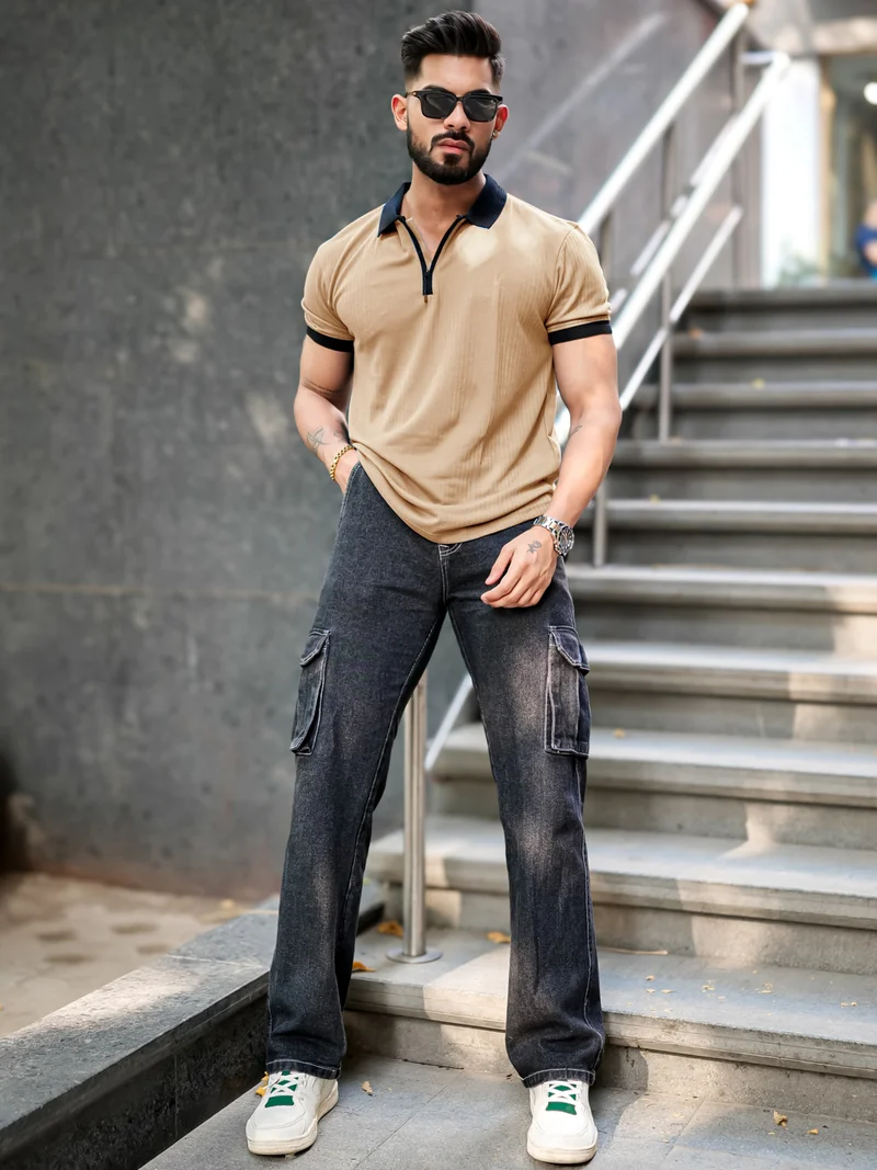 مانياك تي شيرت مانياك رجالي نصف سحاب بياقة بولو، نصف كم، قطن، لون بيج وأسود، قصة ضيقة