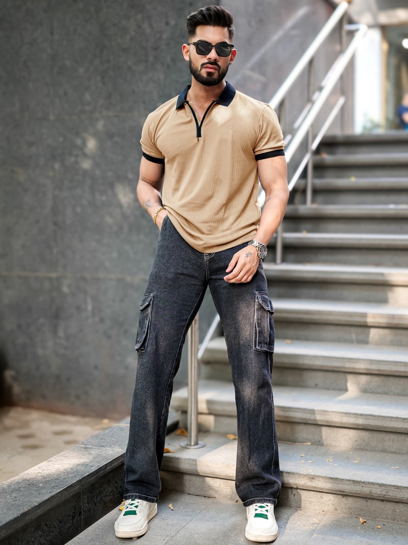 Maniac Mens Half Zip Polo Neck Solid Half Sleeve Beige and Black Cotton Slim Fit T-Shirt - Image 1