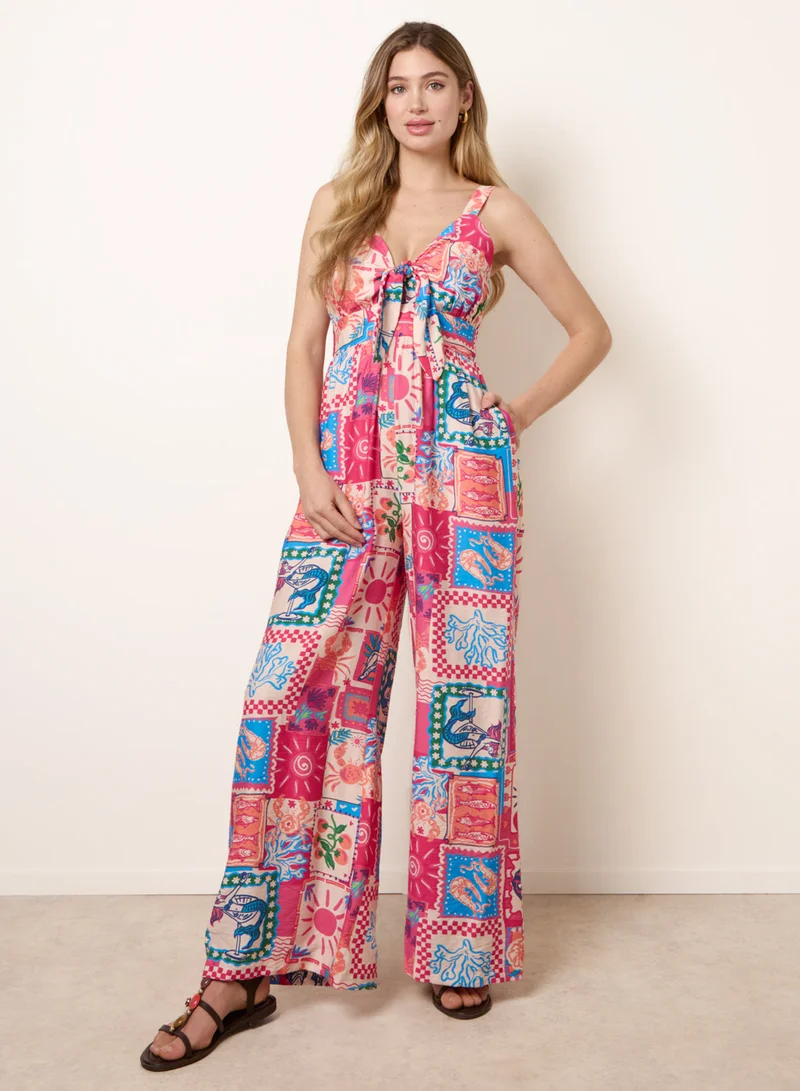 Tie Front Jumpsuit In Postcard Print