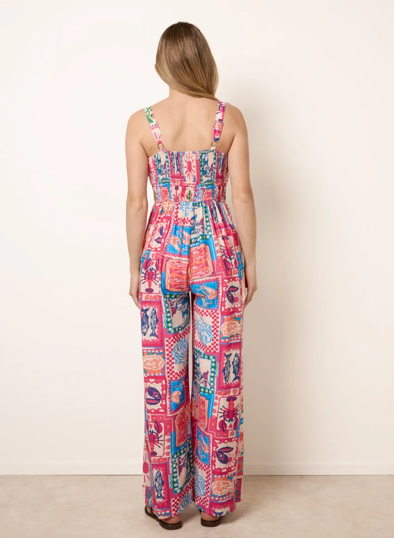 Blue Vanilla Tie Front Jumpsuit In Postcard Print