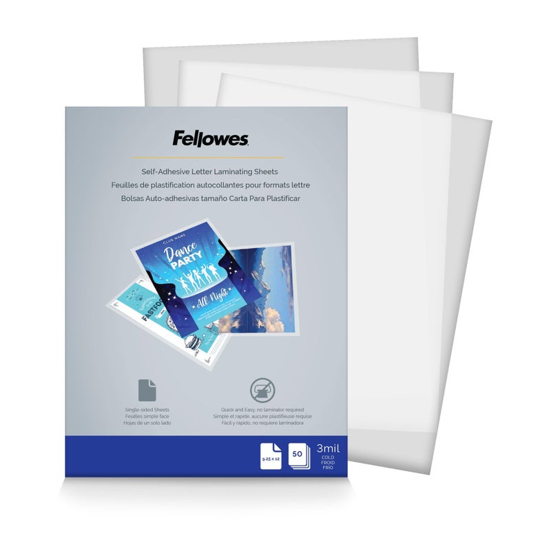 Fellowes Laminating Clear Sheets Self Adhesive 9x12 3 Mil Gloss 50 Pack (5221502)