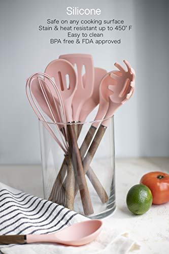 Country Kitchen Non Stick Silicone Utensil Set with Rounded Wood Handles for Cooking and Baking, 8 Piece Set, Pink - Image 4