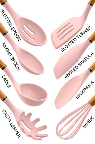 Country Kitchen Non Stick Silicone Utensil Set with Rounded Wood Handles for Cooking and Baking, 8 Piece Set, Pink - Image 3