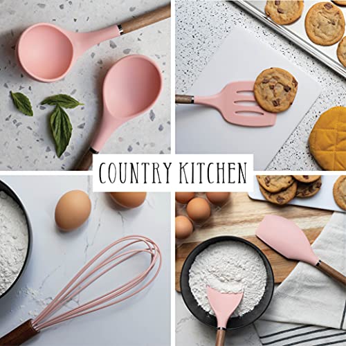 Country Kitchen Non Stick Silicone Utensil Set with Rounded Wood Handles for Cooking and Baking, 8 Piece Set, Pink - Image 5