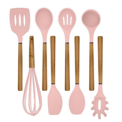 Country Kitchen Non Stick Silicone Utensil Set with Rounded Wood Handles for Cooking and Baking, 8 Piece Set, Pink - Image 1