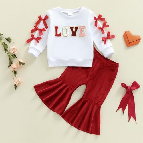 Lucikamy Newborn Baby Girl Valentine's Outfits Long Sleeve Letters Print Sweatshirt Tops Stretch Bell Bottom Pants Spring Clothes (6 red bow, 2-3 Years) - Image 4