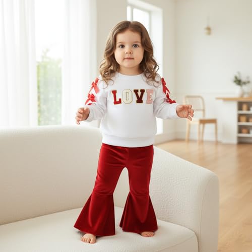 Lucikamy Newborn Baby Girl Valentine's Outfits Long Sleeve Letters Print Sweatshirt Tops Stretch Bell Bottom Pants Spring Clothes (6 red bow, 2-3 Years) - Image 2