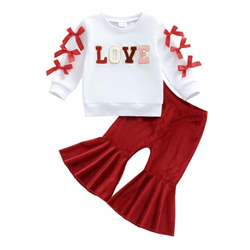 Lucikamy Newborn Baby Girl Valentine's Outfits Long Sleeve Letters Print Sweatshirt Tops Stretch Bell Bottom Pants Spring Clothes (6 red bow, 2-3 Years) - Image 1