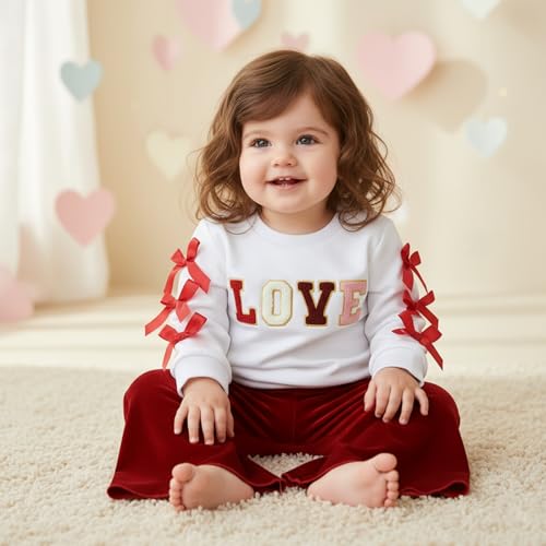 Lucikamy Newborn Baby Girl Valentine's Outfits Long Sleeve Letters Print Sweatshirt Tops Stretch Bell Bottom Pants Spring Clothes (6 red bow, 2-3 Years) - Image 3