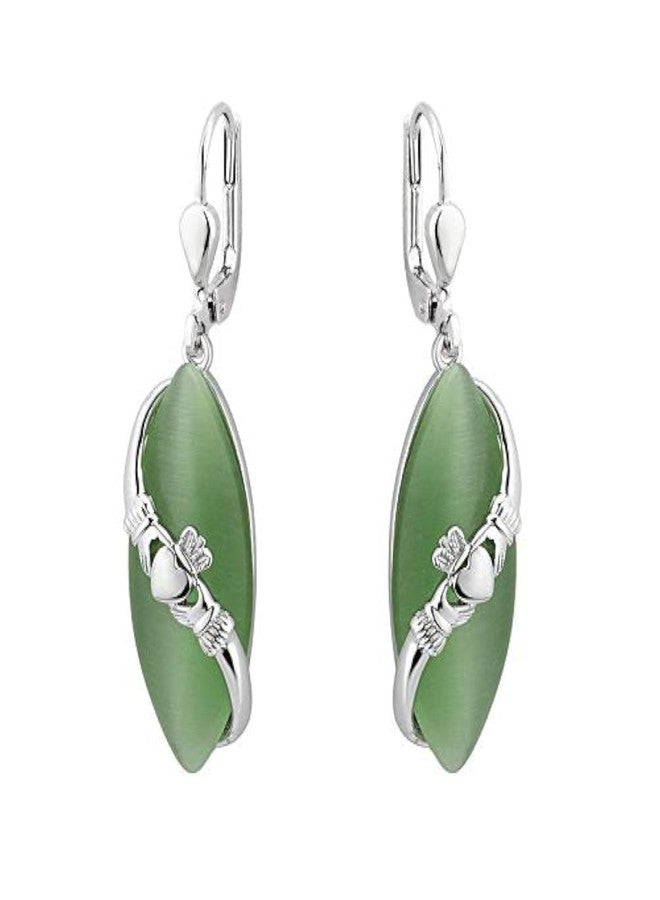 Solvar Rhodium Cat Eye Claddagh Drop Earrings