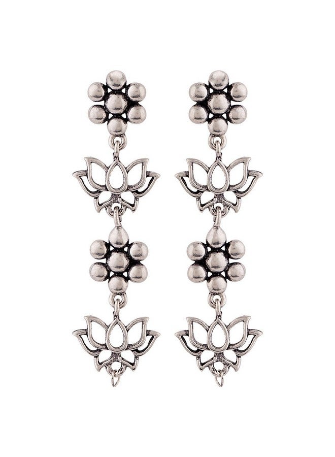 Voylla Brass Oxidised Silver Plating Layered Floral Dangler Earrings for Women and Girls, Suitable for Work Wear - Image 1
