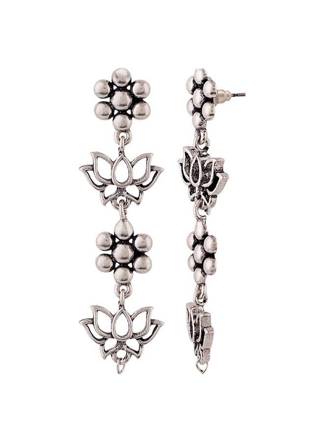 Voylla Brass Oxidised Silver Plating Layered Floral Dangler Earrings for Women and Girls, Suitable for Work Wear - Image 4