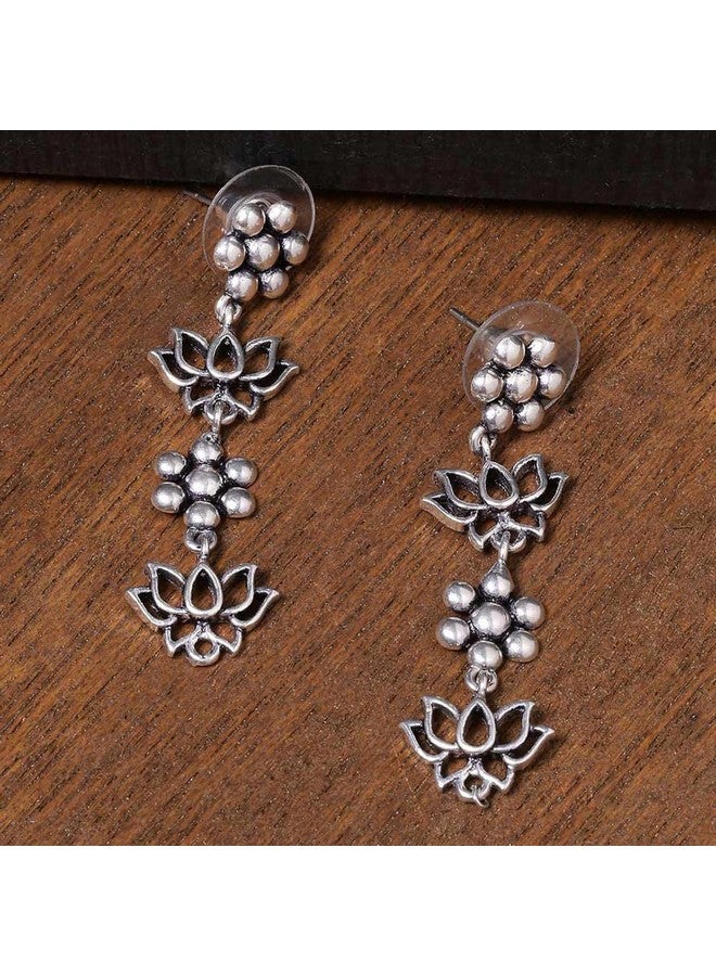 Voylla Brass Oxidised Silver Plating Layered Floral Dangler Earrings for Women and Girls, Suitable for Work Wear - Image 2