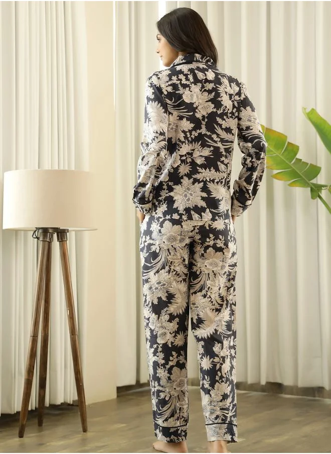 sanskrutihomes Floral Print Cotton Shirt & Side Pocket Detail Pyjama Set by Styli