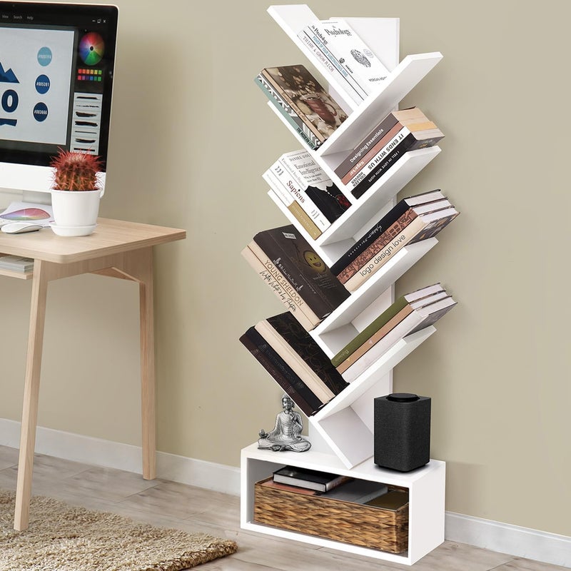 ABOUT SPACE Book Shelf for Home Library - 9-Tier Tree Shaped Book Rack for Study Room DIY Wooden Book Stand with Bottom Storage Space for Office, Livingroom, Bedroom (White - L 45 x B 17 x H 127 cm) - Image 1