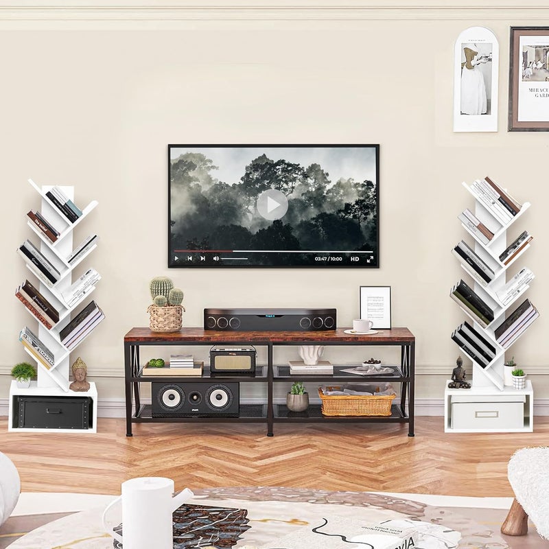 ABOUT SPACE Book Shelf for Home Library - 9-Tier Tree Shaped Book Rack for Study Room DIY Wooden Book Stand with Bottom Storage Space for Office, Livingroom, Bedroom (White - L 45 x B 17 x H 127 cm) - Image 5